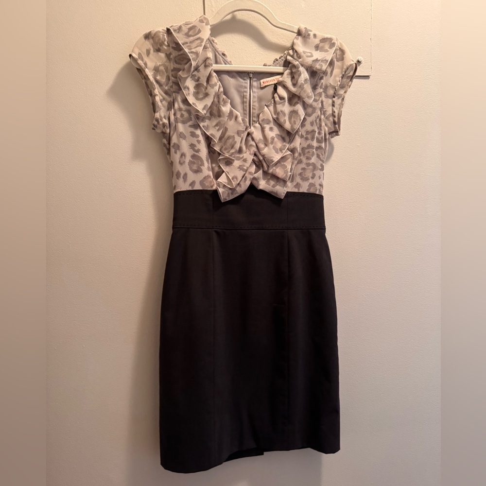 Rebecca Taylor Ruffled Leopard Blouse and Gray Pencil Mini Dress